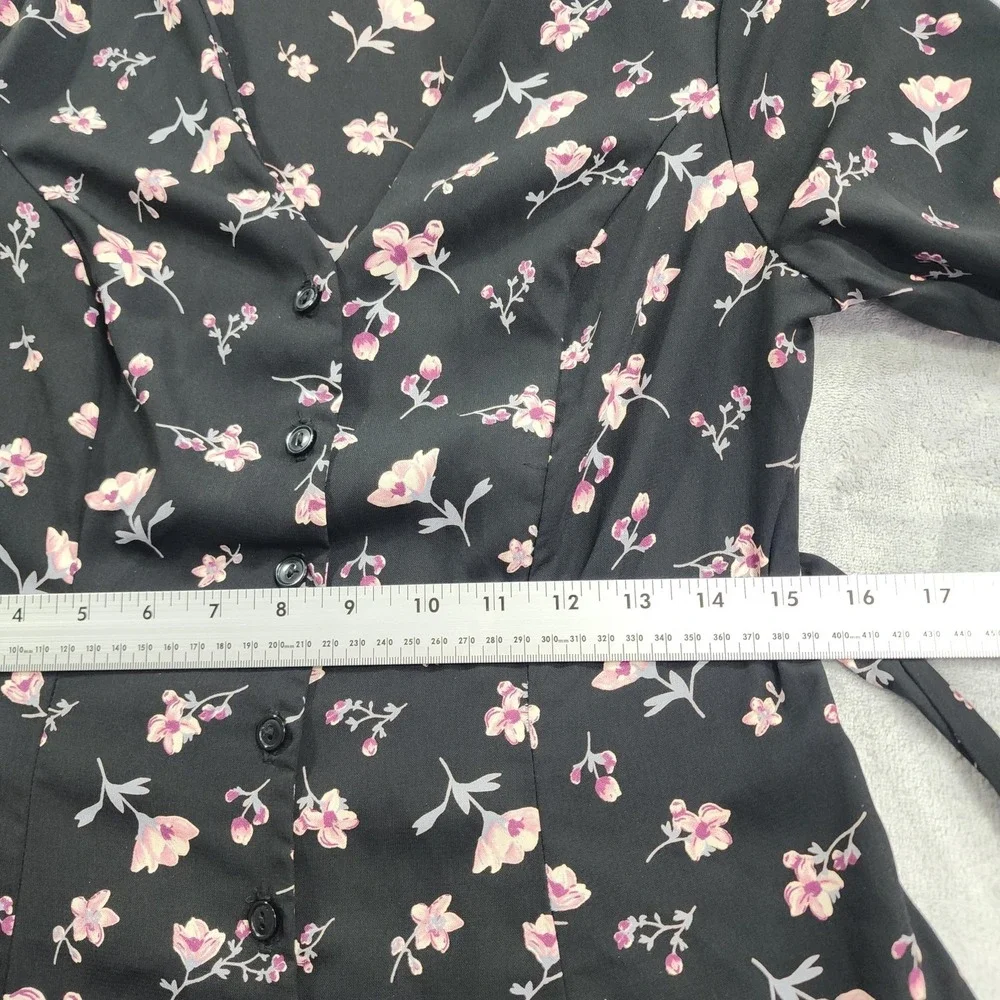 Lulus Dress Womens S Black Floral Button Front Belted Fit & Flare Mini Ruffled